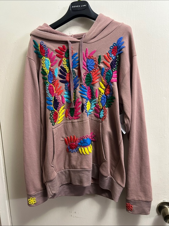 Ketzal Tops - Ketzal Handmade Embroidered Boho Style Mauve Hooded Sweatshirt with Multicolor M